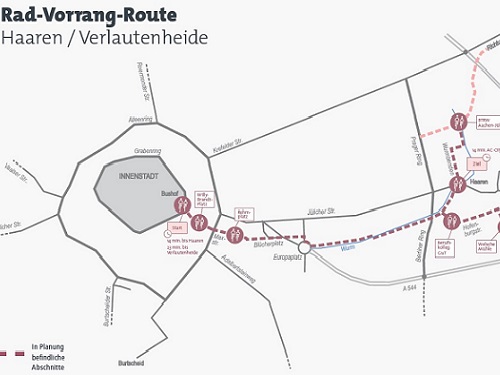 Kartenzeichung zeigt Ausschnitt der Rad-Vorrang-Route Haaren/Verlautenheide