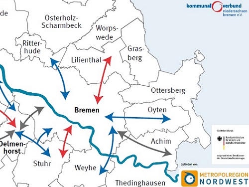 Grafik zum Erstellungsgebiet der Machbarkeitsstudie zeigt die Zentren Bremen, Delmenhorst und Oldenburg.